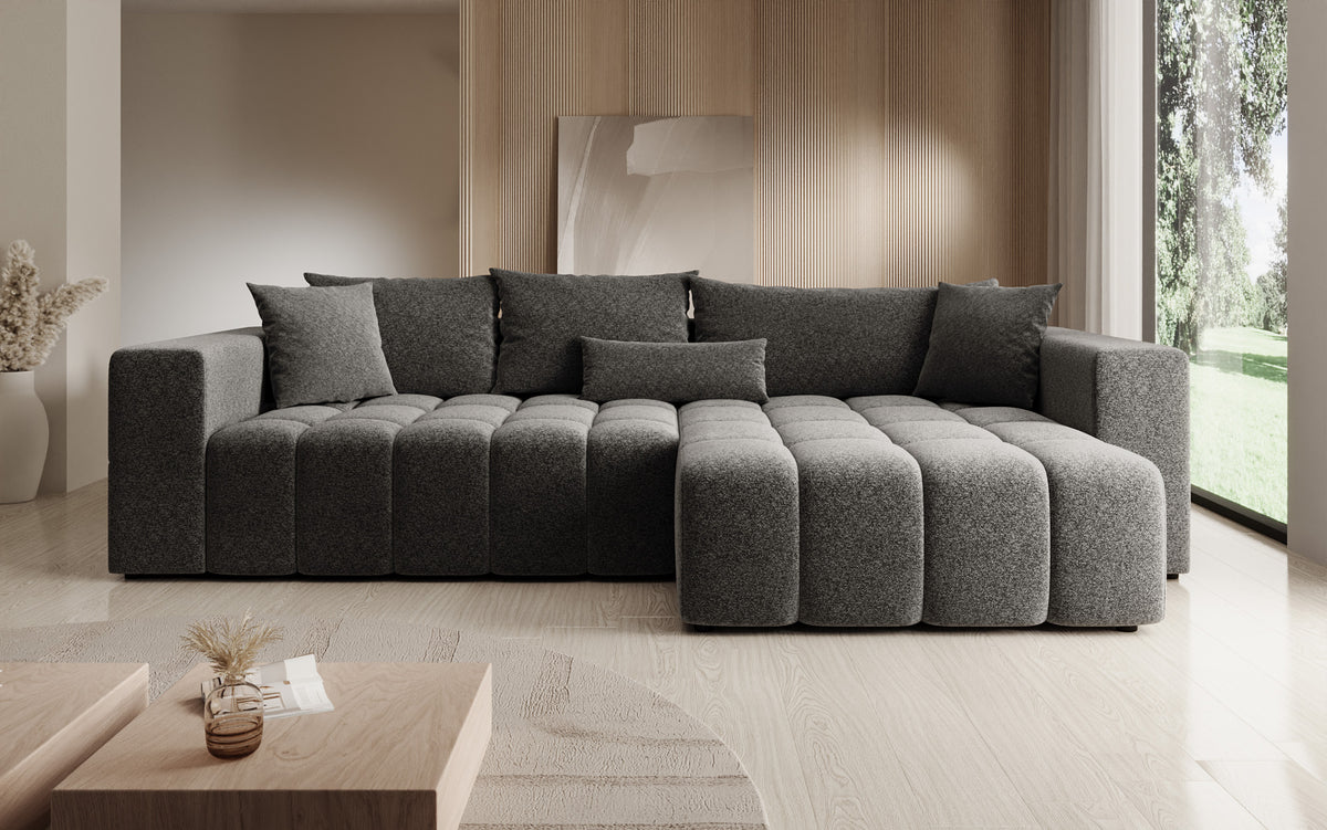 Designer Ecksofa Momo mit Schlaf- und Klappfunktion in Strukturstoff