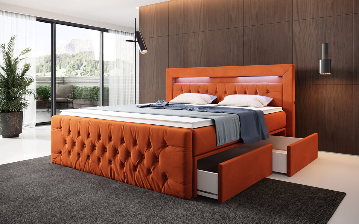 Boxspringbett Menzogna Samt mit LED und Stauraum (2 Schubladen)