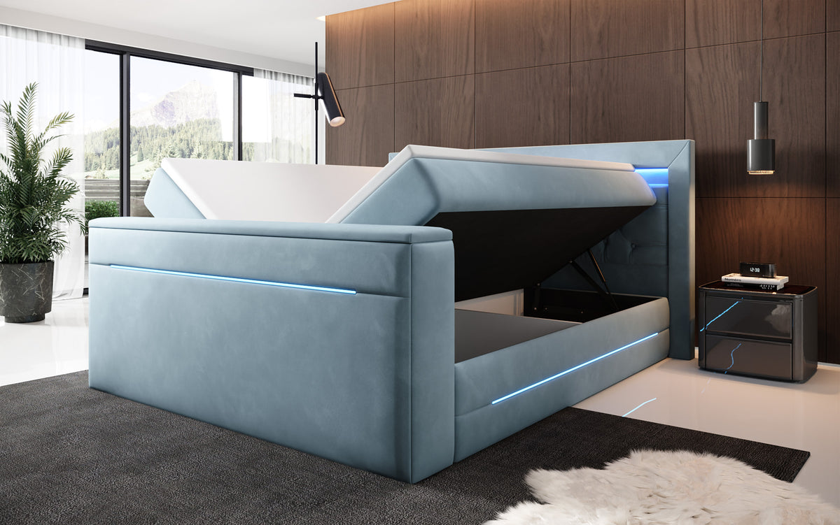 Pluto Boxspring Bed with TV Lift, RGB, and Storage