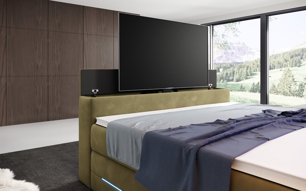 Pluto Boxspring Bed with TV Lift, RGB, and Storage