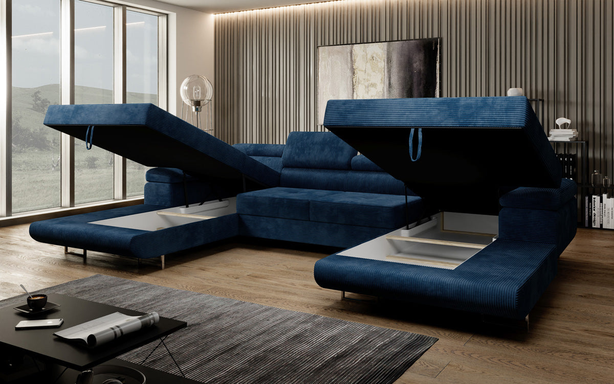 Designer Sofa Calvera U with Sleeping and Folding Function in Corduroy