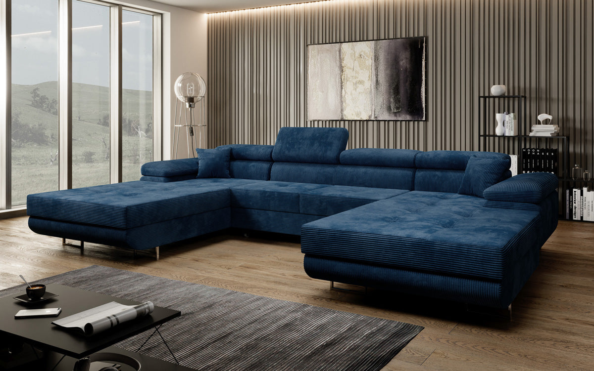 Designer Sofa Calvera U with Sleeping and Folding Function in Corduroy