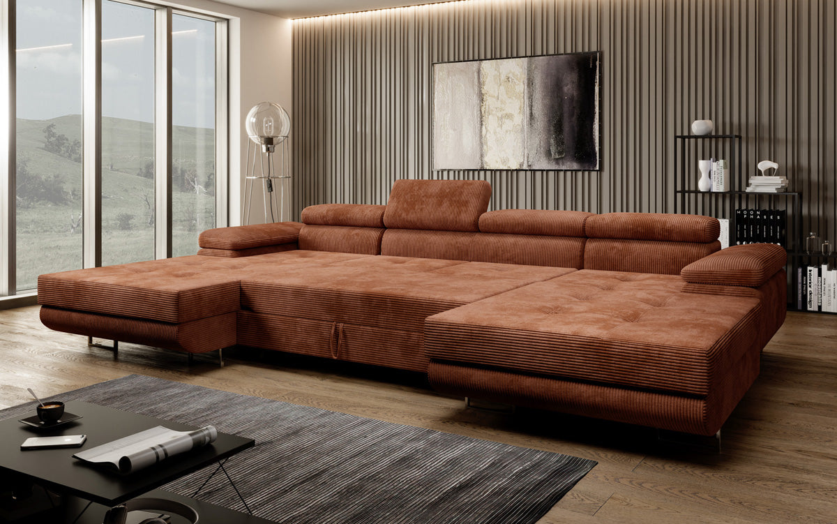 Designer Sofa Calvera U with Sleeping and Folding Function in Corduroy