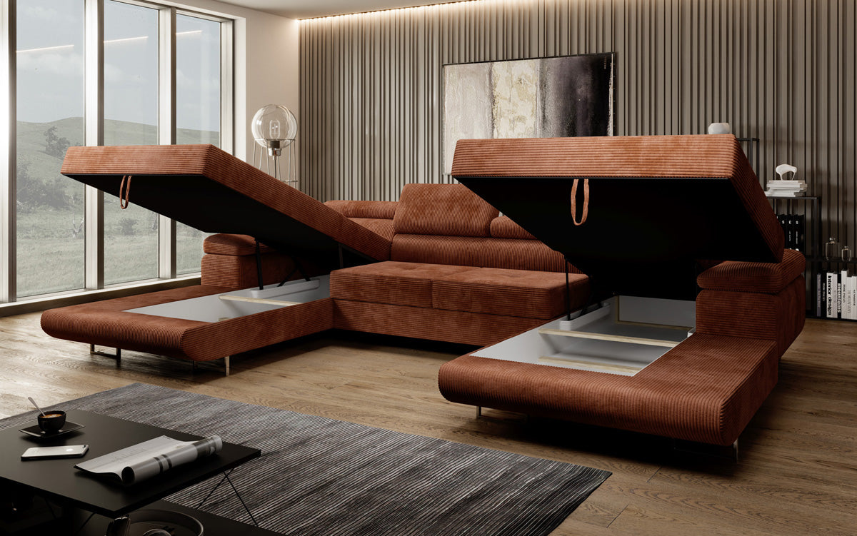 Designer Sofa Calvera U with Sleeping and Folding Function in Corduroy