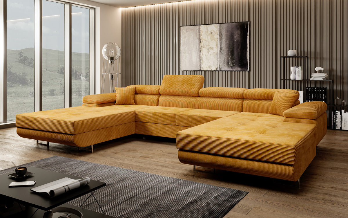 Designer Sofa Calvera U with Sleeping and Folding Function in Corduroy