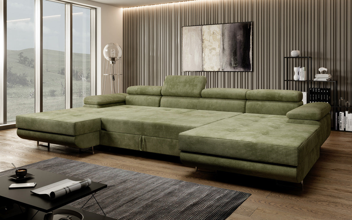 Designer Sofa Calvera U with Sleeping and Folding Function in Corduroy