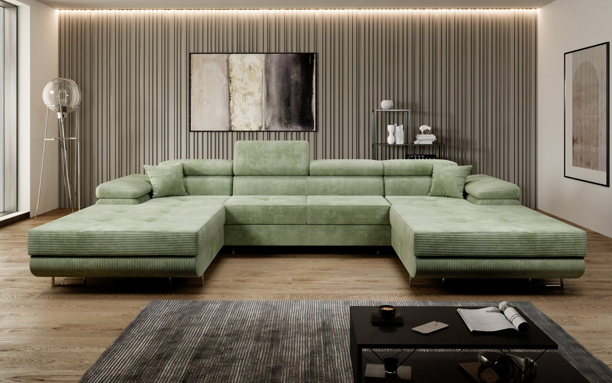 Designer Sofa Calvera U with Sleeping and Folding Function in Corduroy
