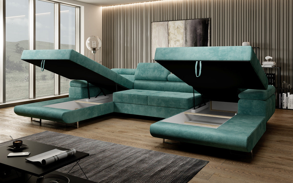 Designer Sofa Calvera U with Sleeping and Folding Function in Corduroy