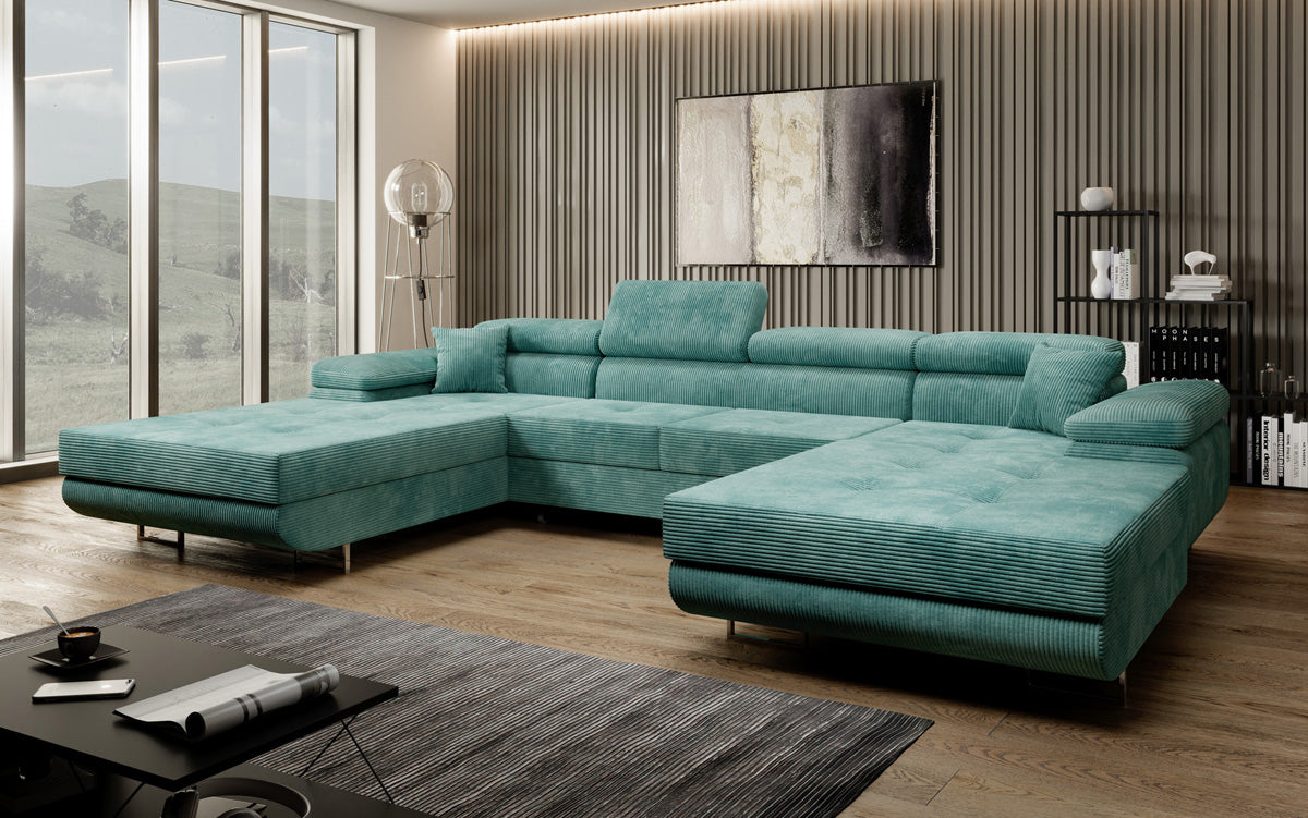 Designer Sofa Calvera U with Sleeping and Folding Function in Corduroy