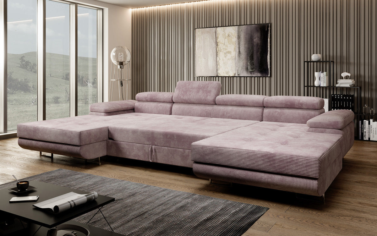 Designer Sofa Calvera U with Sleeping and Folding Function in Corduroy