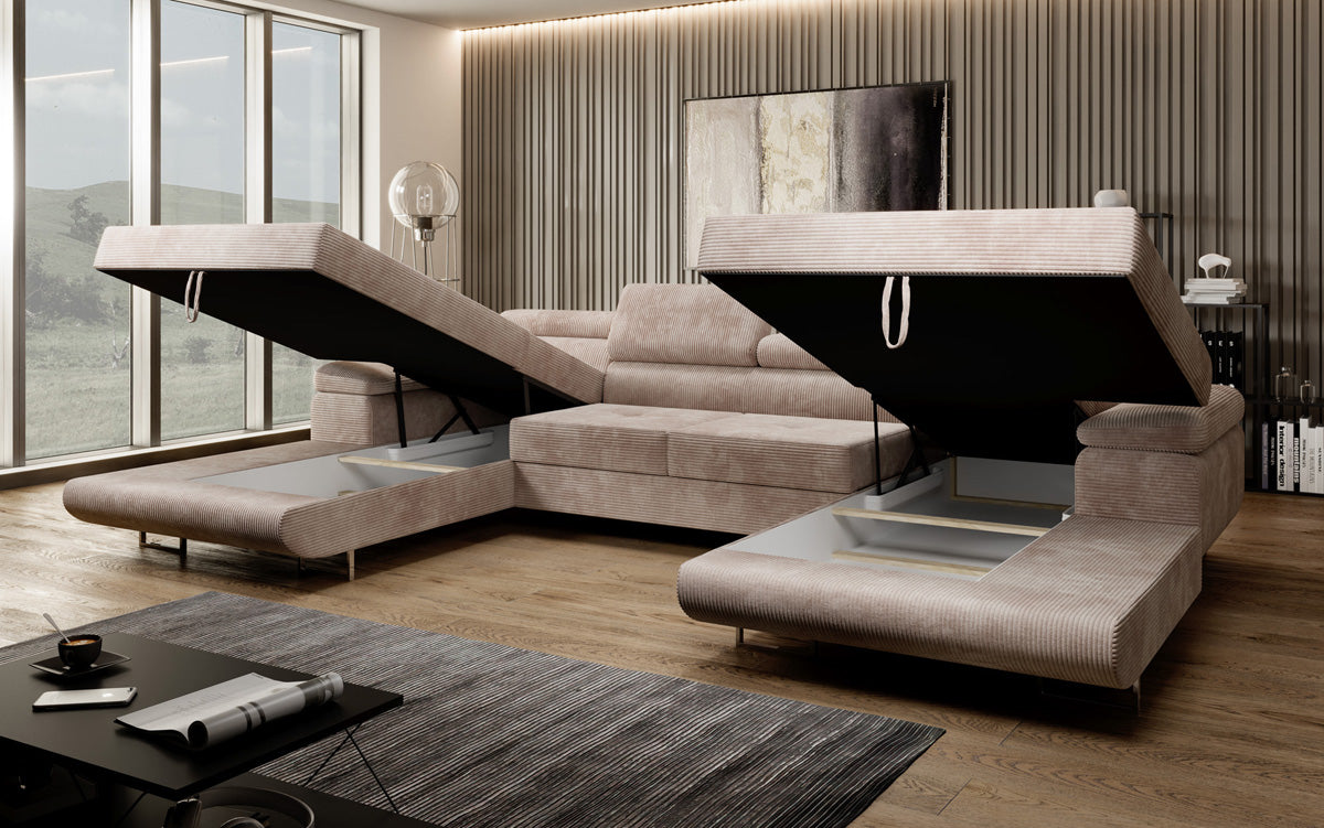 Designer Sofa Calvera U with Sleeping and Folding Function in Corduroy