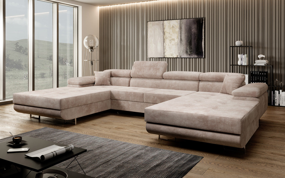 Designer Sofa Calvera U with Sleeping and Folding Function in Corduroy