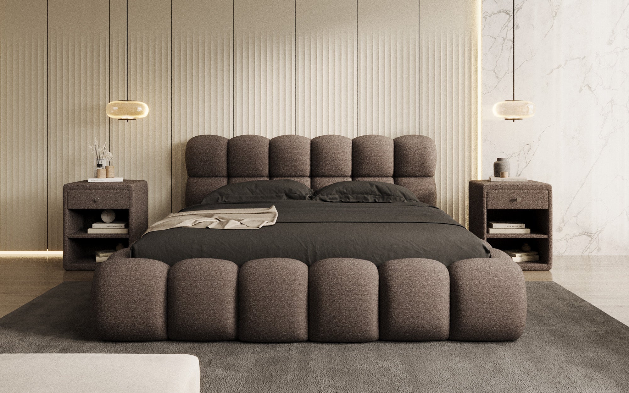 Designer Polsterbett Boston Bouclé mit Stauraum