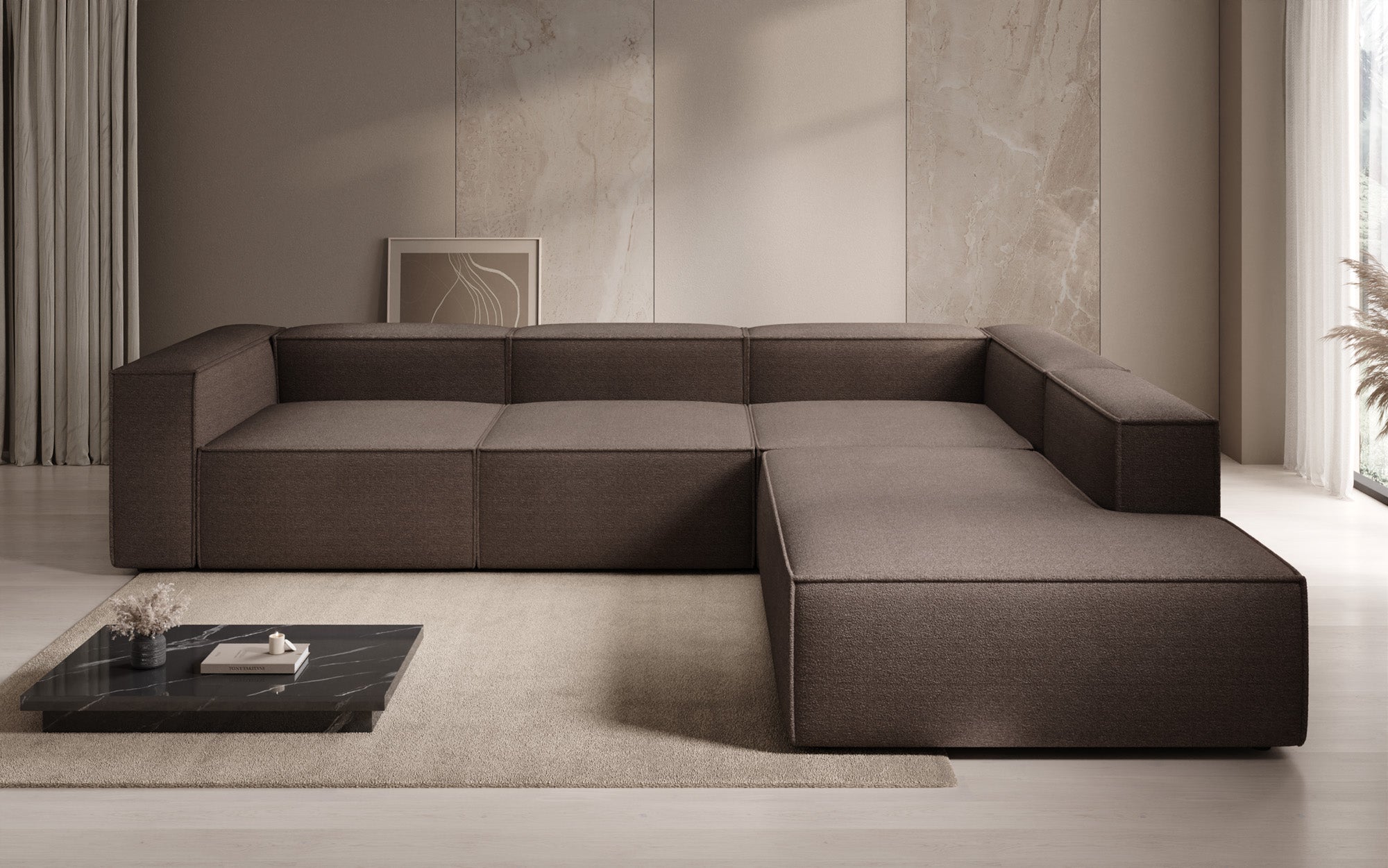 Designer corner sofa Lesley with long ottoman in bouclé