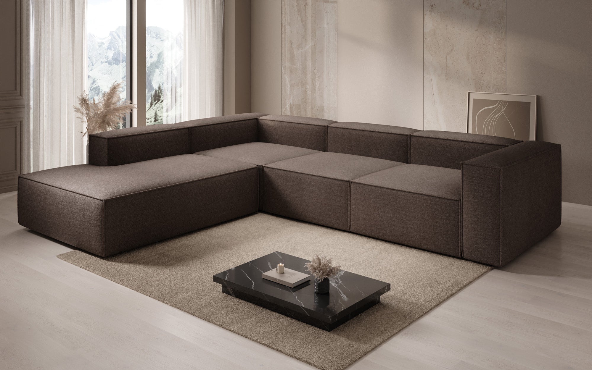 Designer corner sofa Lesley with long ottoman in bouclé