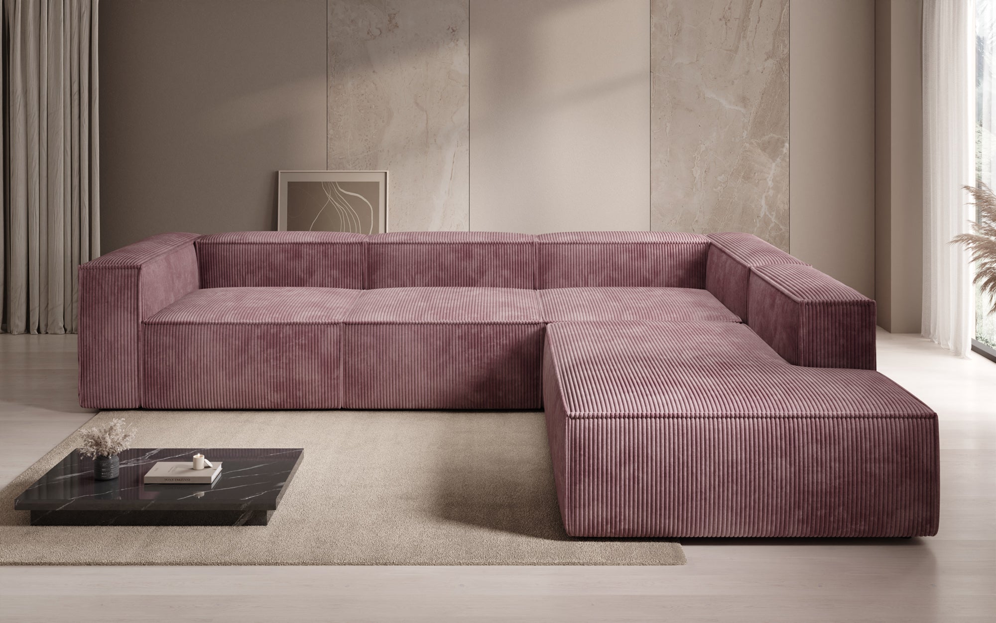 Designer Sofa Lesley L mit langer Ottomane in Cord