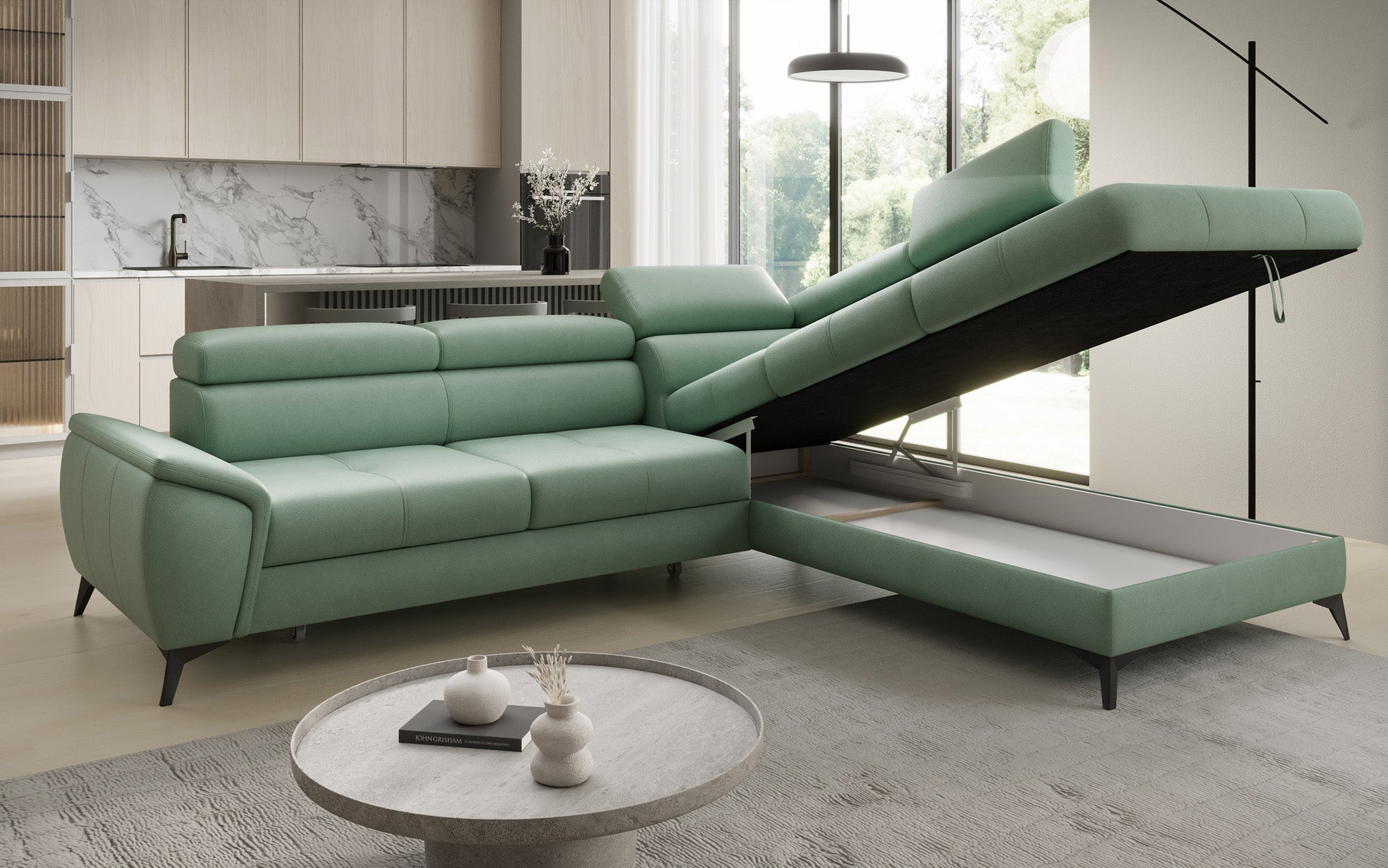 Designer L Sofa Aveline with Sleeping Function and Storage in Genuine Leather