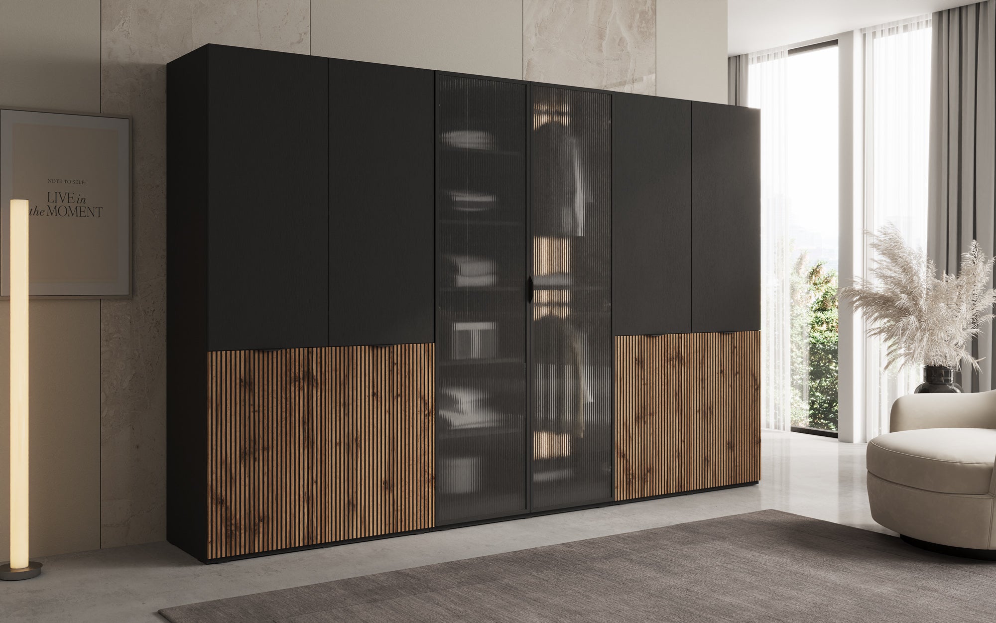 Modulo Serin – Three-module design wardrobe with wood and structured glass front