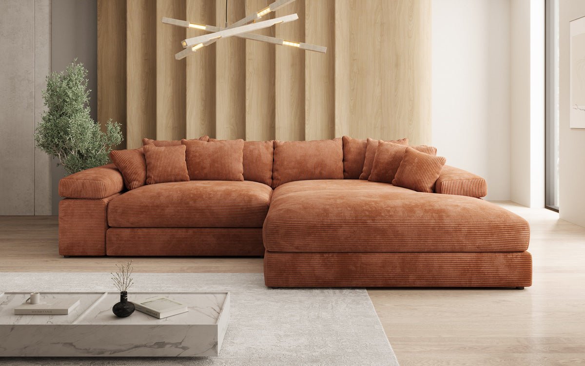 Designer Sofa Bernardo with wide Ottoman in Corduroy