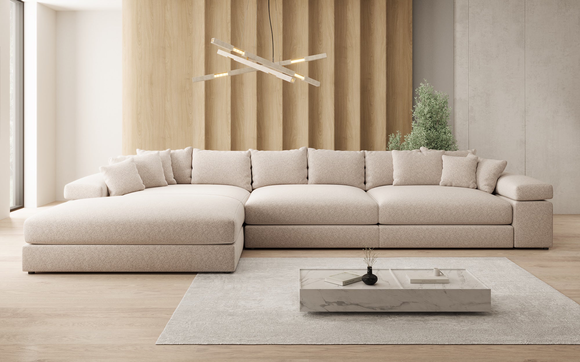 Designer Sofa Bernardo L Maxi mit breiter Ottomane in Strukturstoff