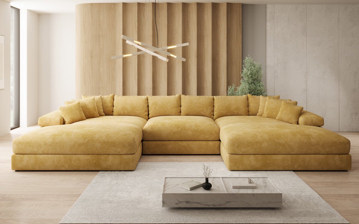Designer Sofa Bernardo U with wide ottoman in Corduroy