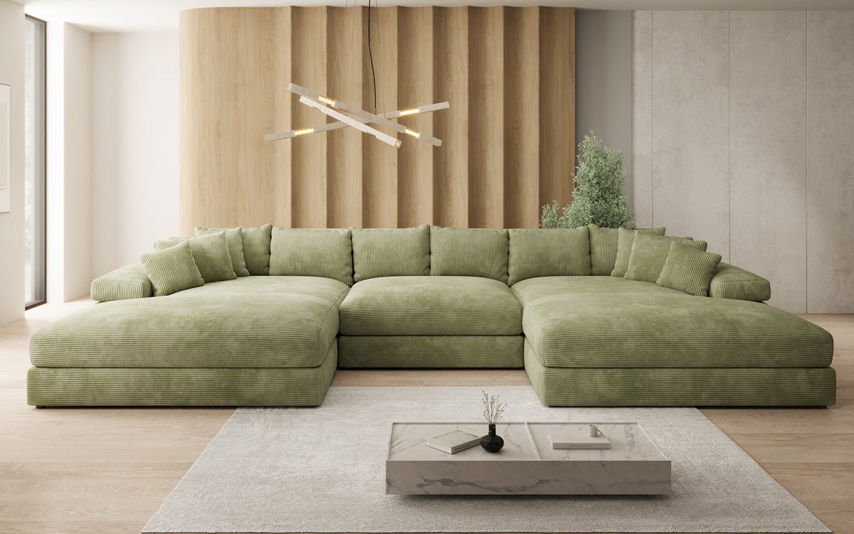 Designer Sofa Bernardo U with wide ottoman in Corduroy