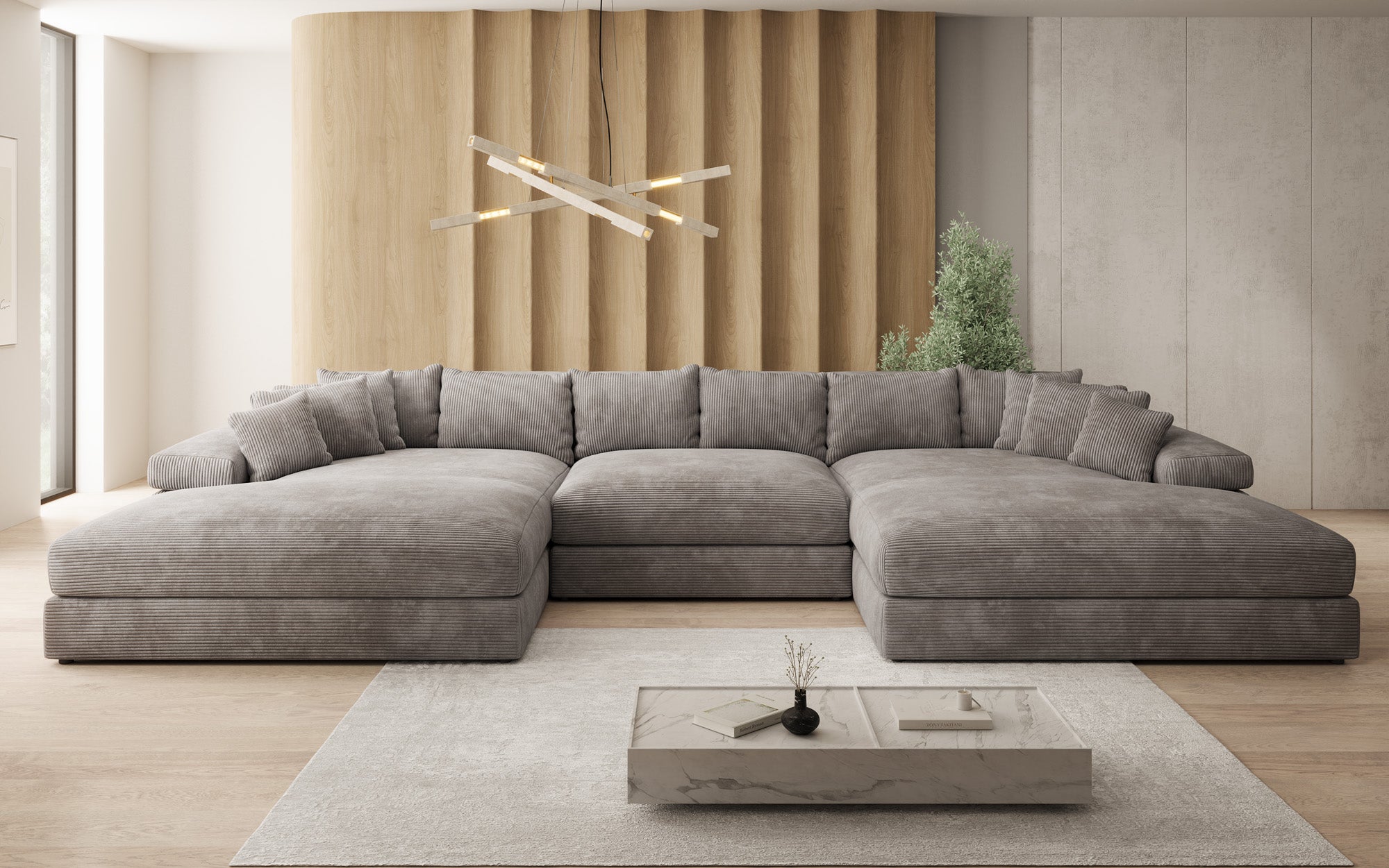 Designer Sofa Bernardo U with wide ottoman in Corduroy