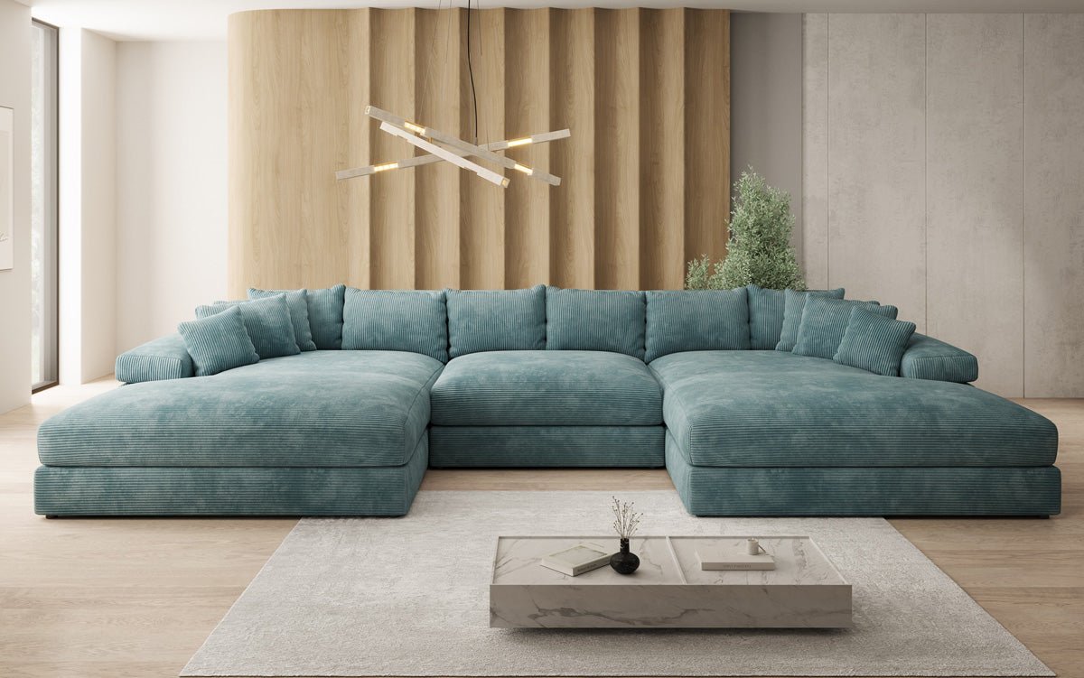 Designer Sofa Bernardo U with wide ottoman in Corduroy