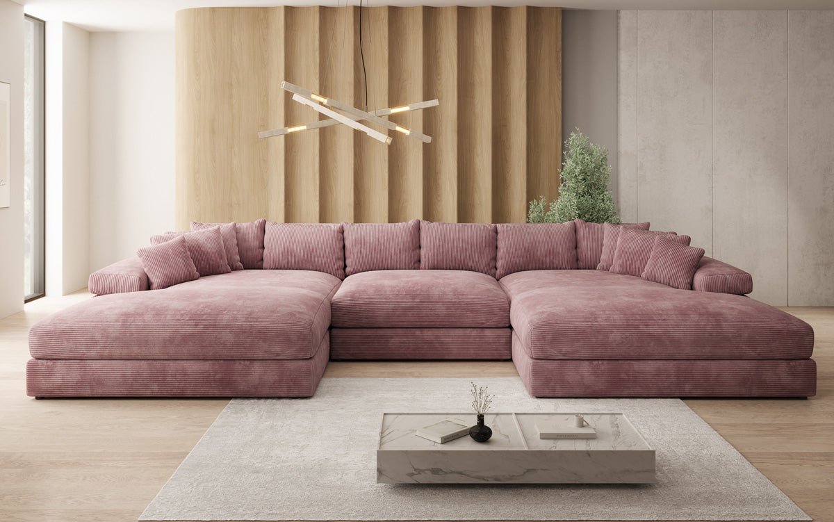 Designer Sofa Bernardo U with wide ottoman in Corduroy