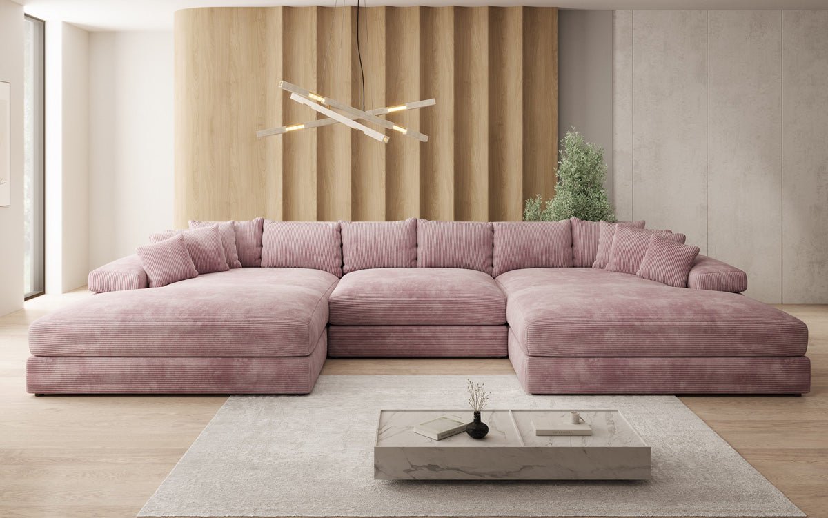 Designer Sofa Bernardo U with wide ottoman in Corduroy