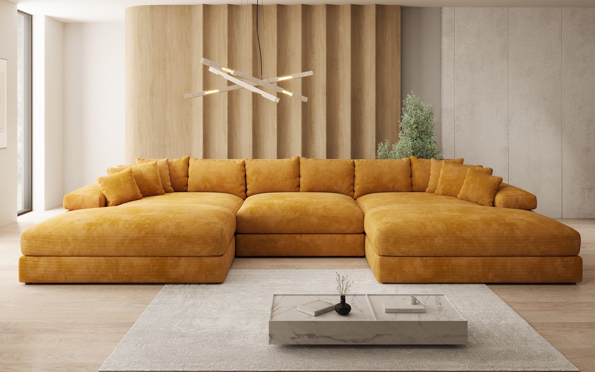 Designer Sofa Bernardo U with wide ottoman in Corduroy