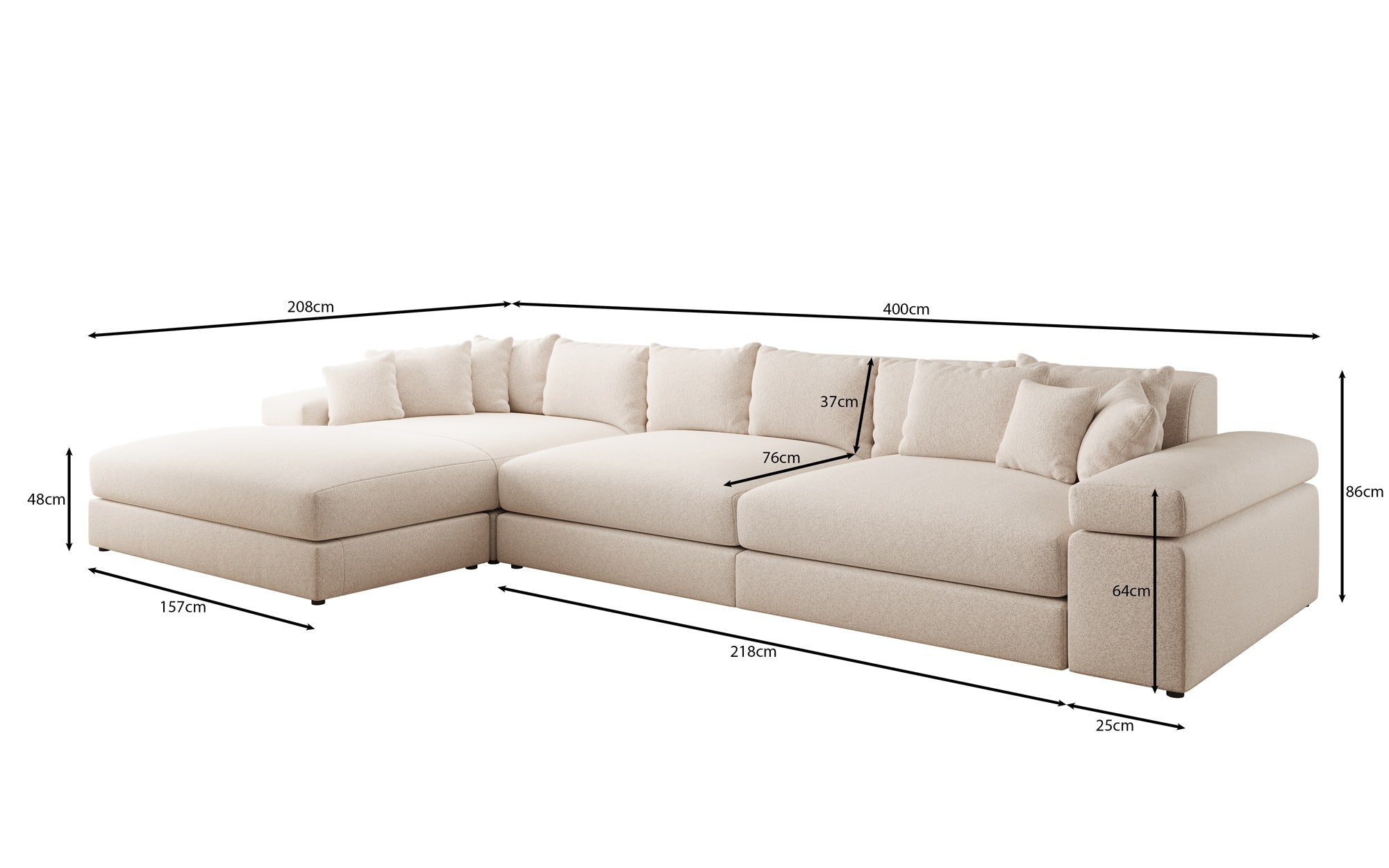 Designer Sofa Bernardo L Maxi mit breiter Ottomane in Strukturstoff