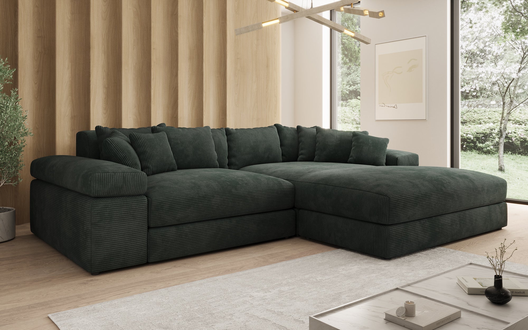 Designer Sofa Bernardo with wide Ottoman in Corduroy