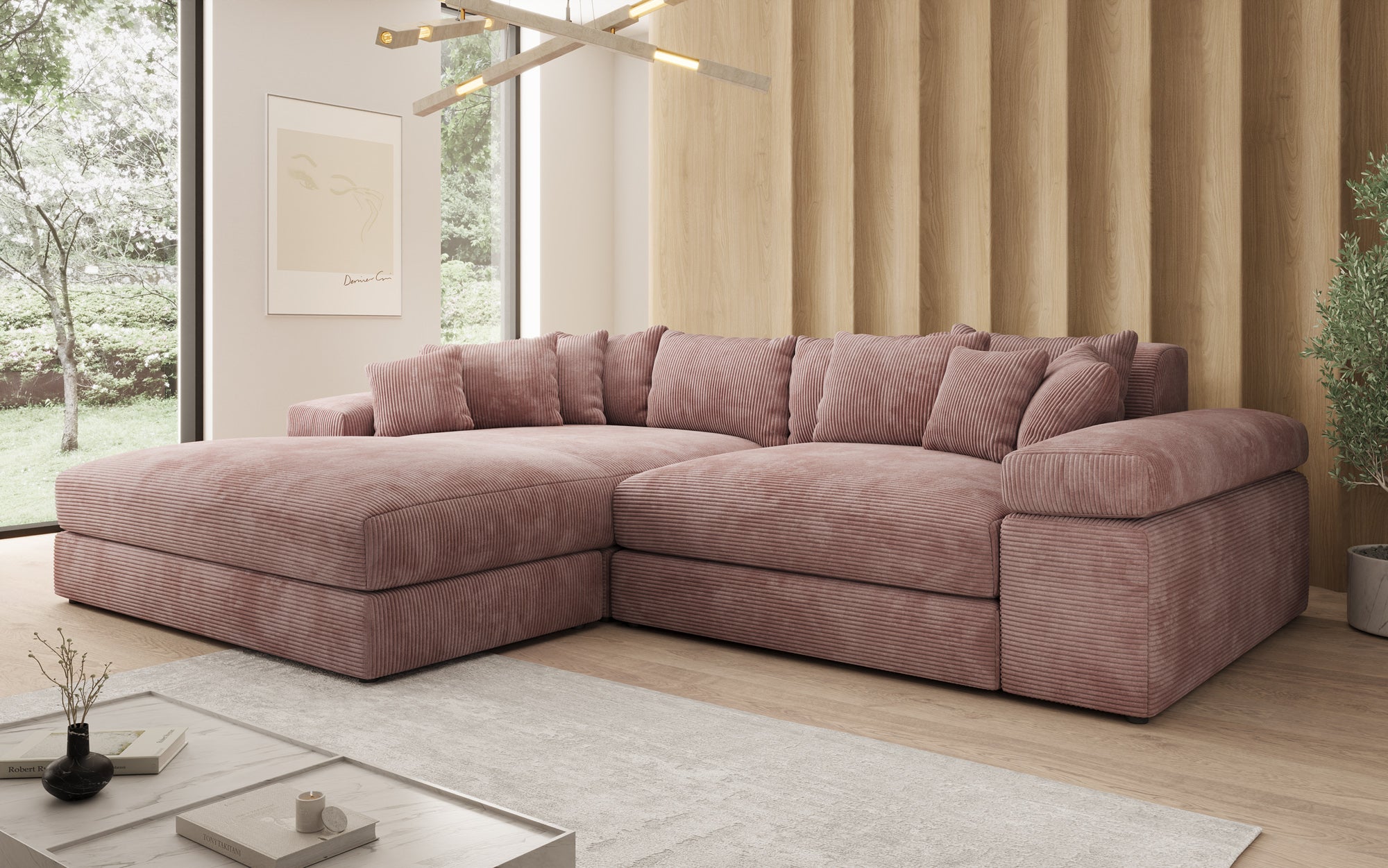 Designer Sofa Bernardo with wide Ottoman in Corduroy