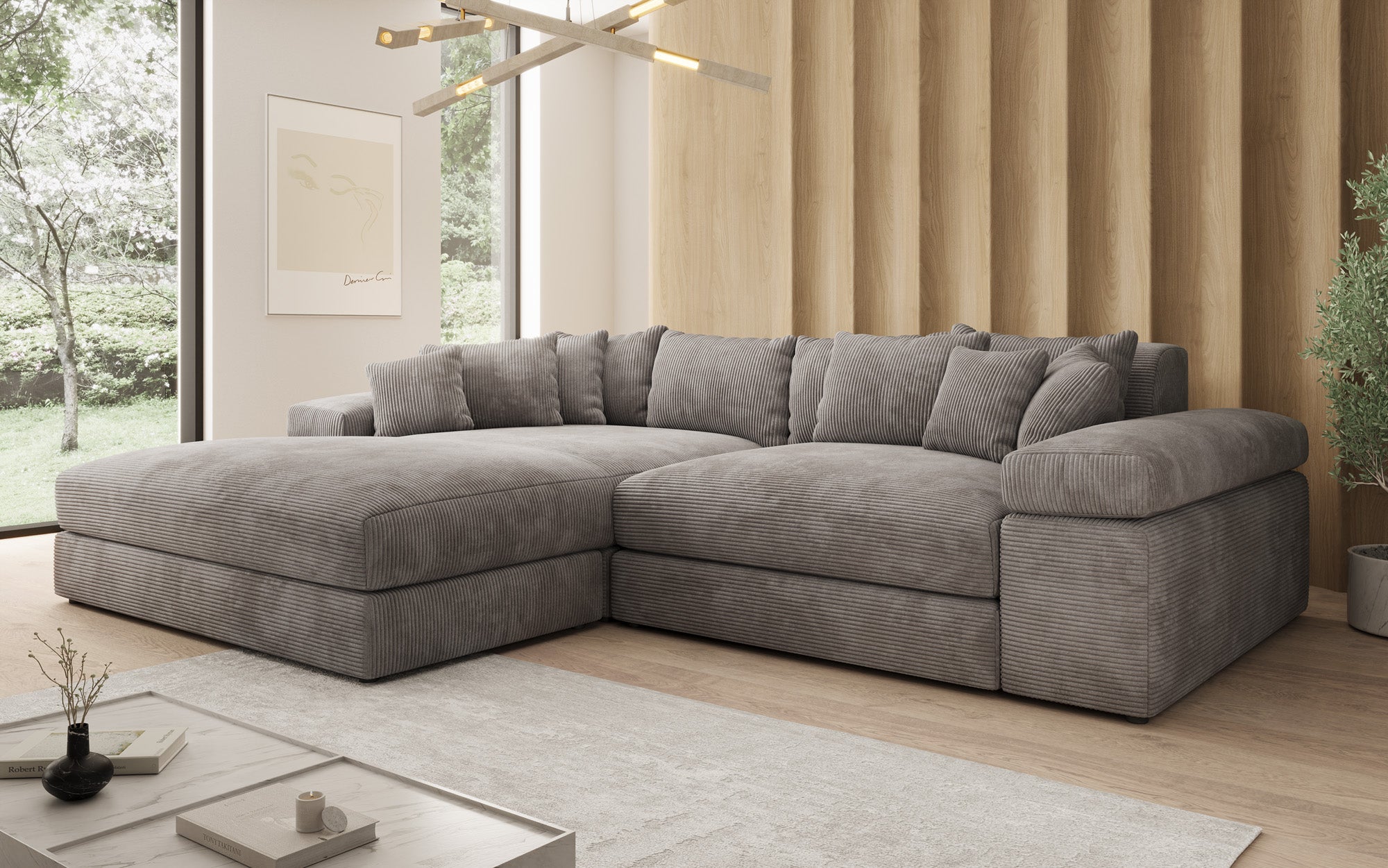 Designer Sofa Bernardo with wide Ottoman in Corduroy