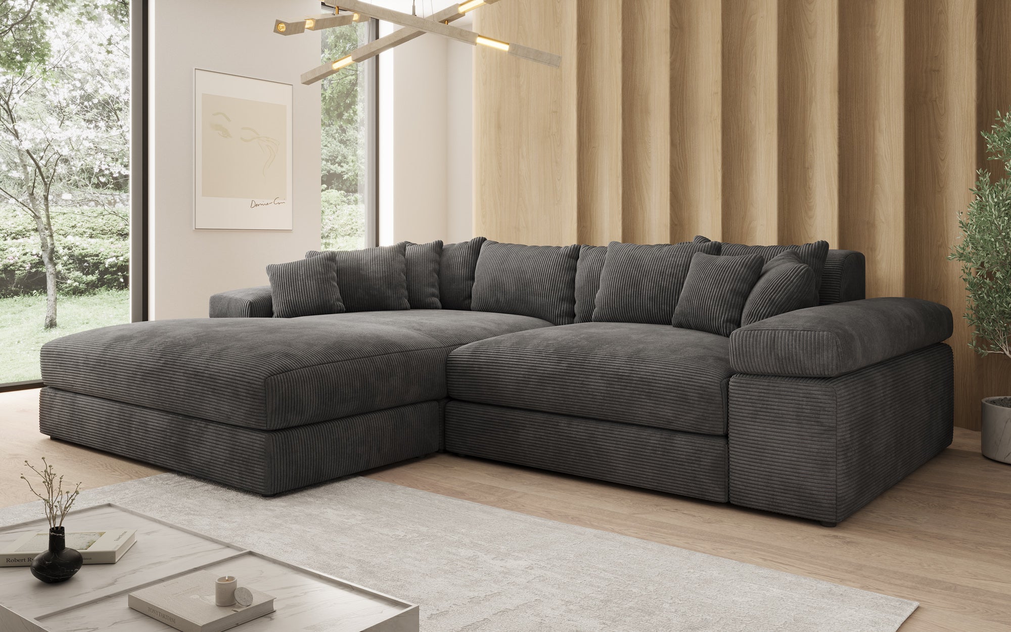 Designer Sofa Bernardo with wide Ottoman in Corduroy