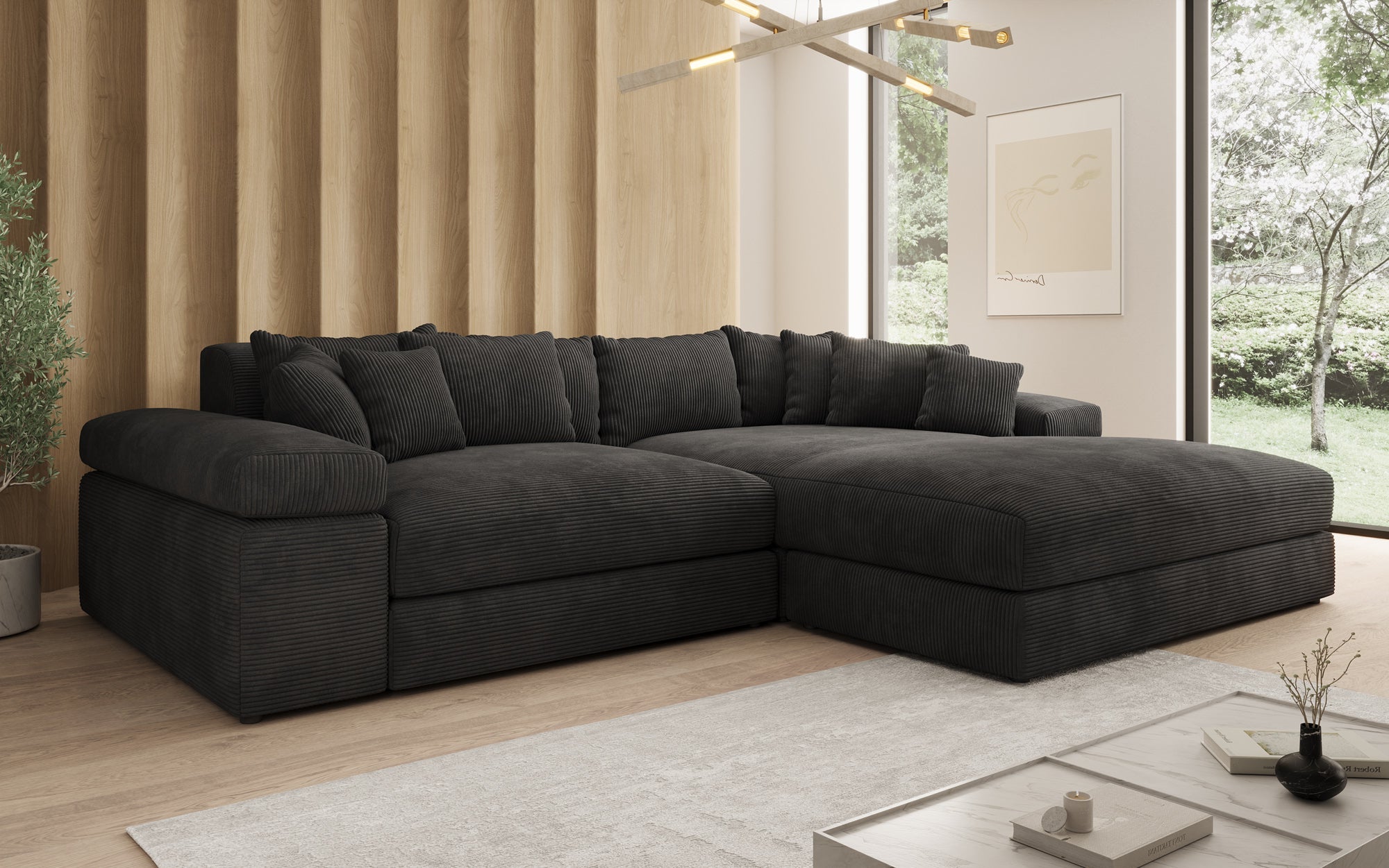 Designer Sofa Bernardo with wide Ottoman in Corduroy