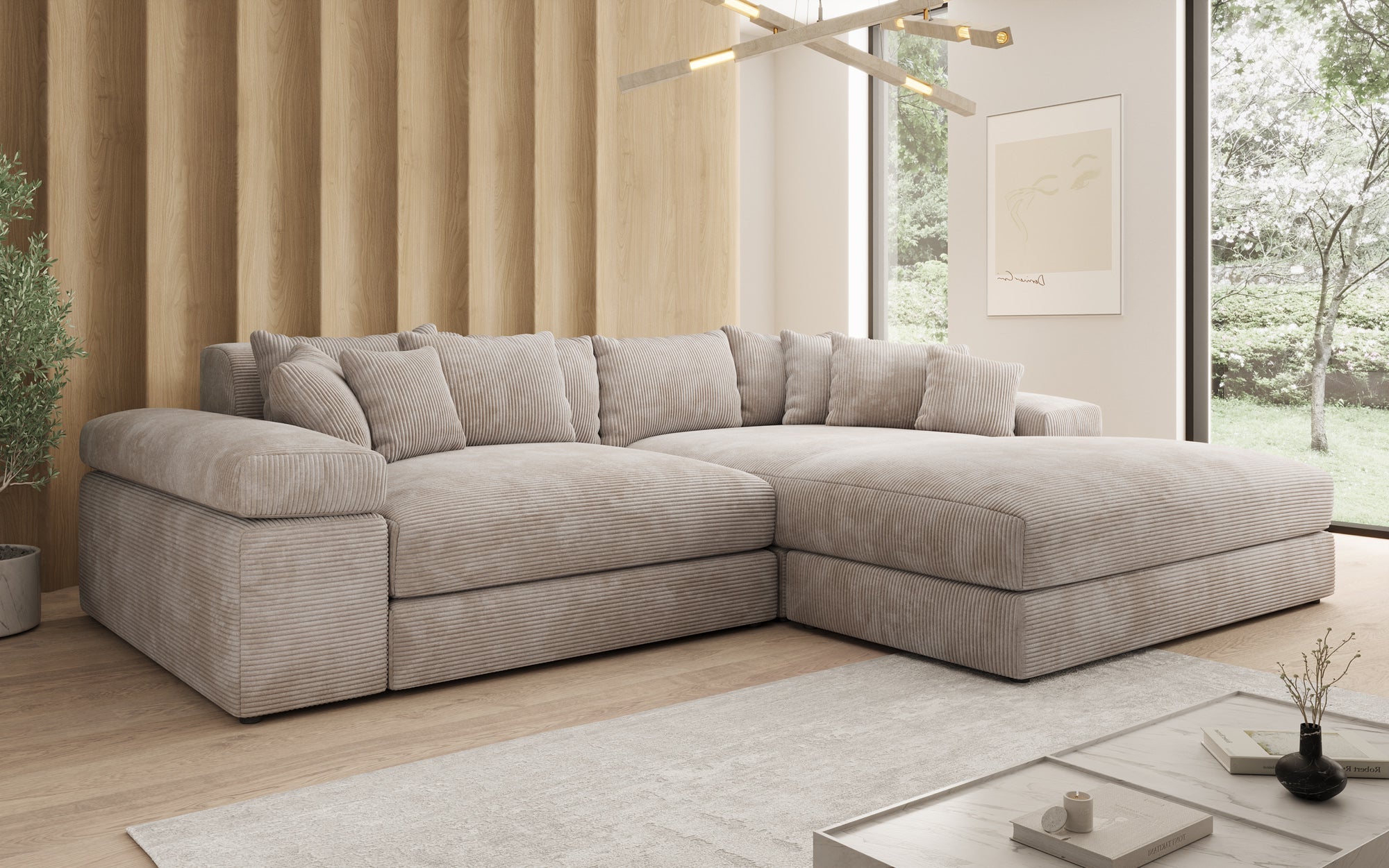 Designer Sofa Bernardo with wide Ottoman in Corduroy