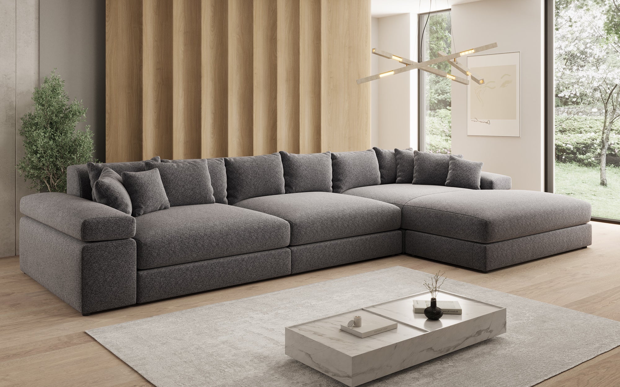 Designer Sofa Bernardo L Maxi mit breiter Ottomane in Strukturstoff