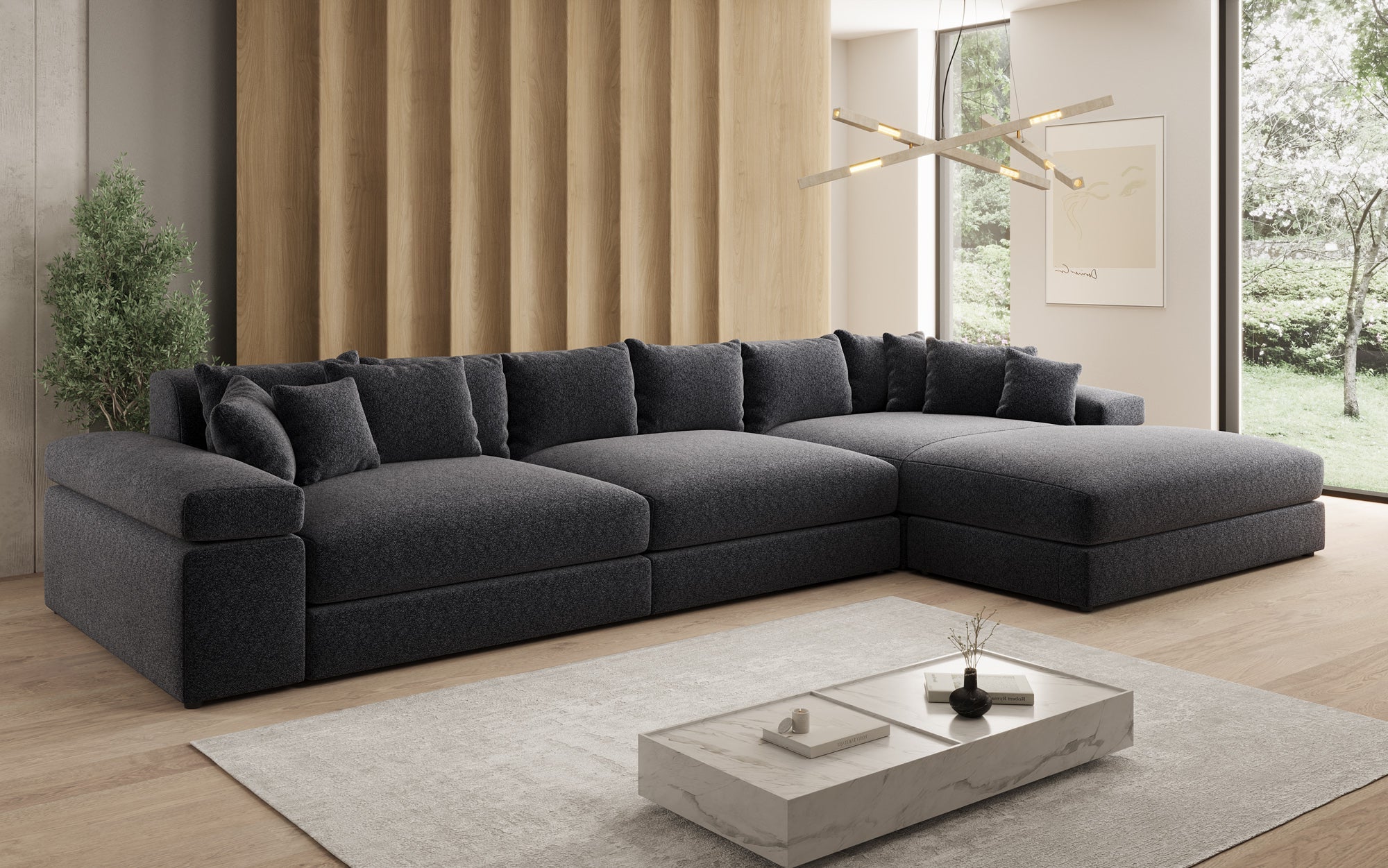 Designer Sofa Bernardo L Maxi mit breiter Ottomane in Strukturstoff