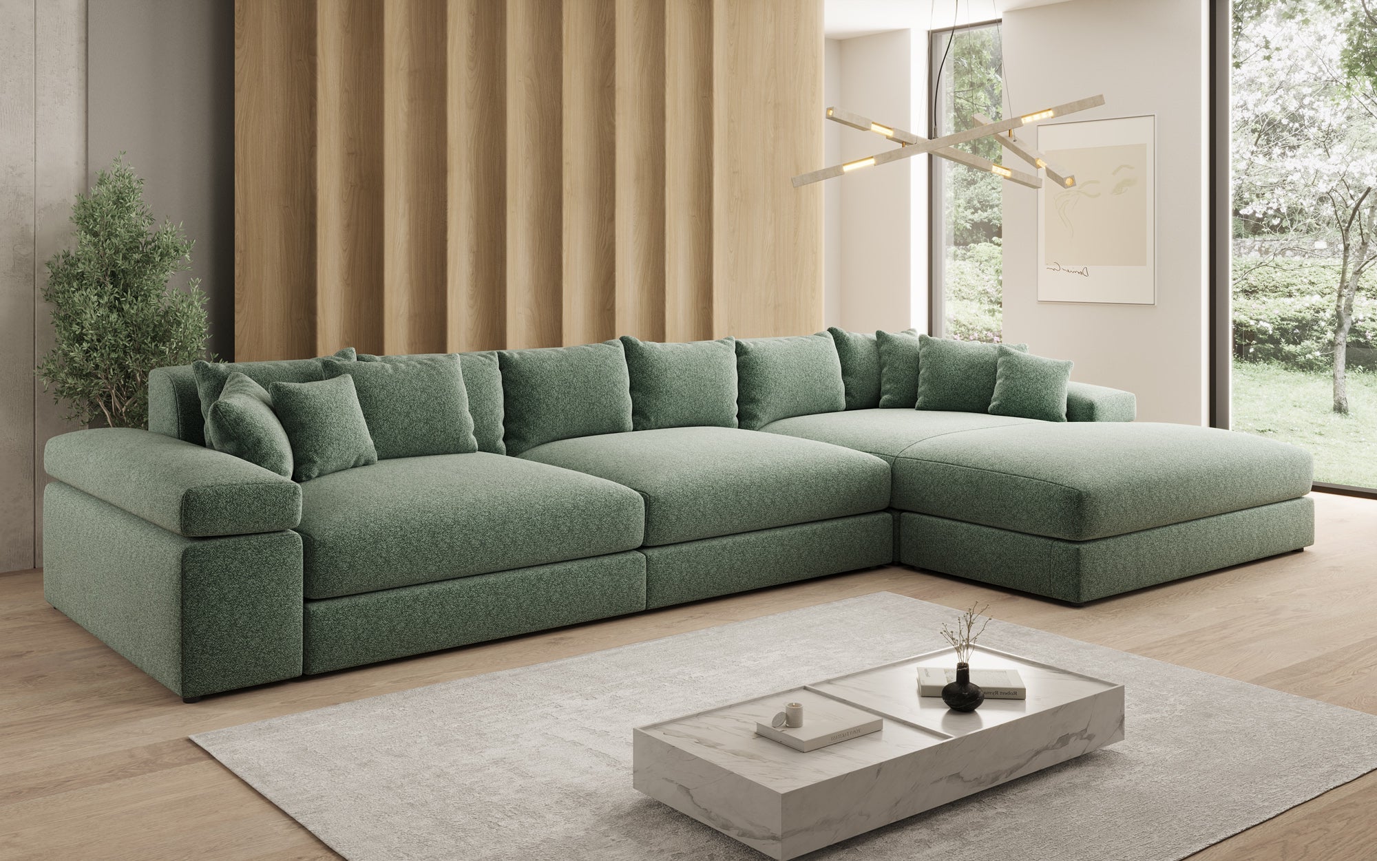 Designer Sofa Bernardo L Maxi mit breiter Ottomane in Strukturstoff