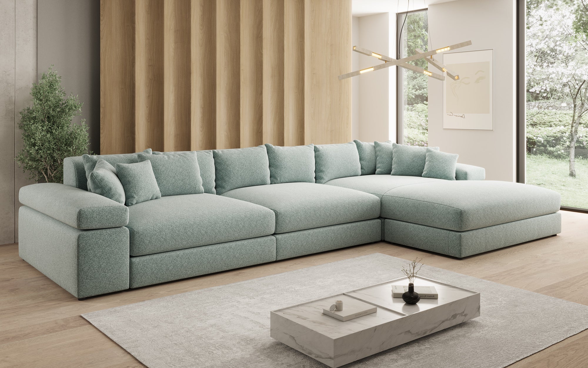 Designer Sofa Bernardo L Maxi mit breiter Ottomane in Strukturstoff