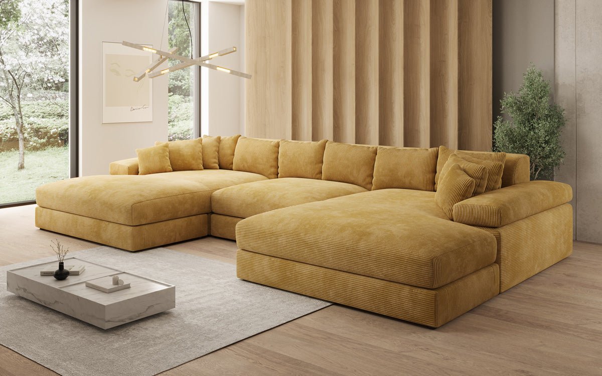 Designer Sofa Bernardo U with wide ottoman in Corduroy