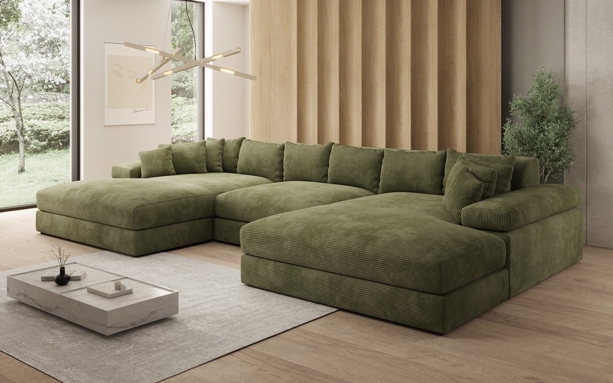 Designer Sofa Bernardo U with wide ottoman in Corduroy