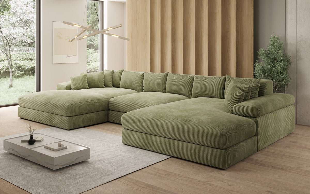 Designer Sofa Bernardo U with wide ottoman in Corduroy