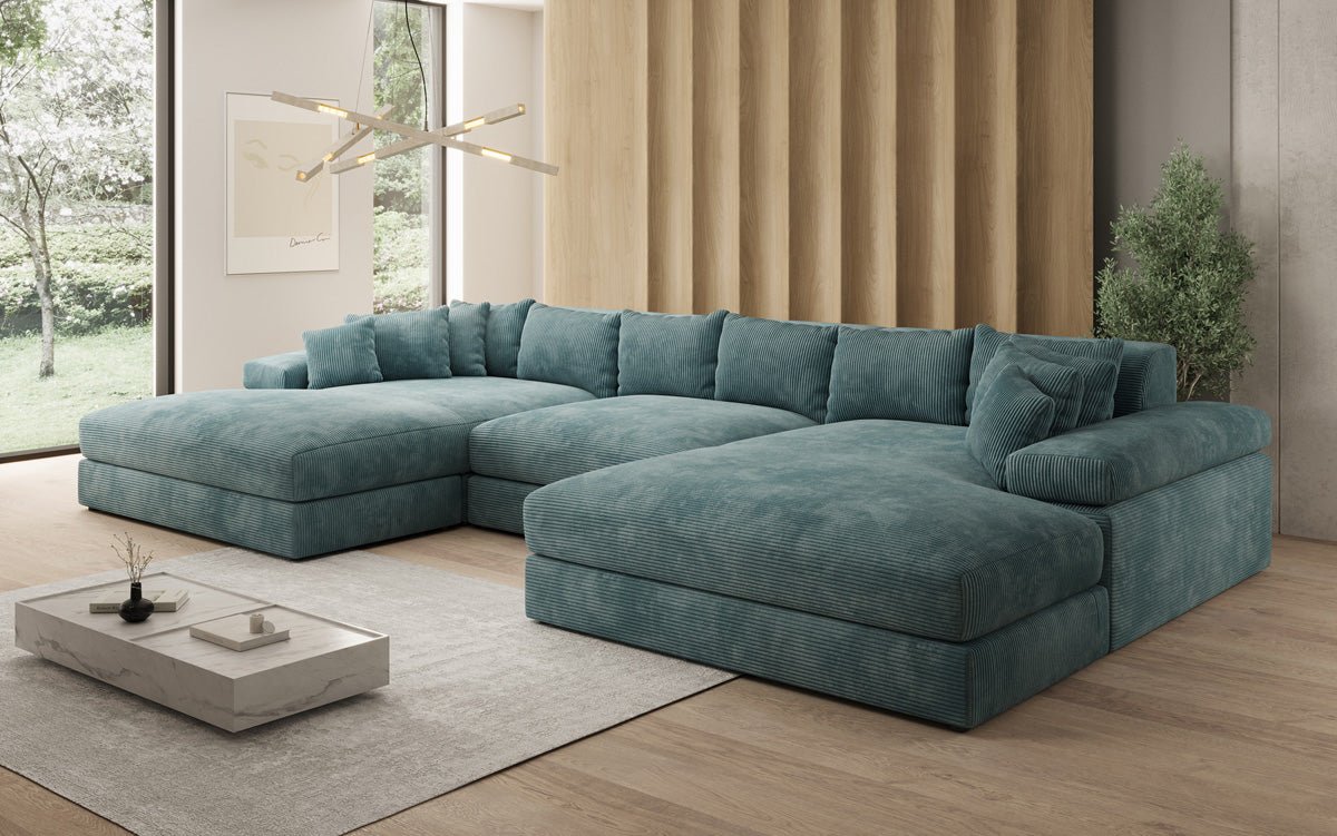 Designer Sofa Bernardo U with wide ottoman in Corduroy