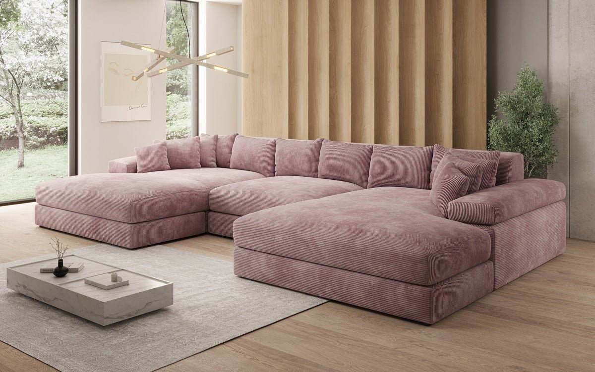 Designer Sofa Bernardo U with wide ottoman in Corduroy