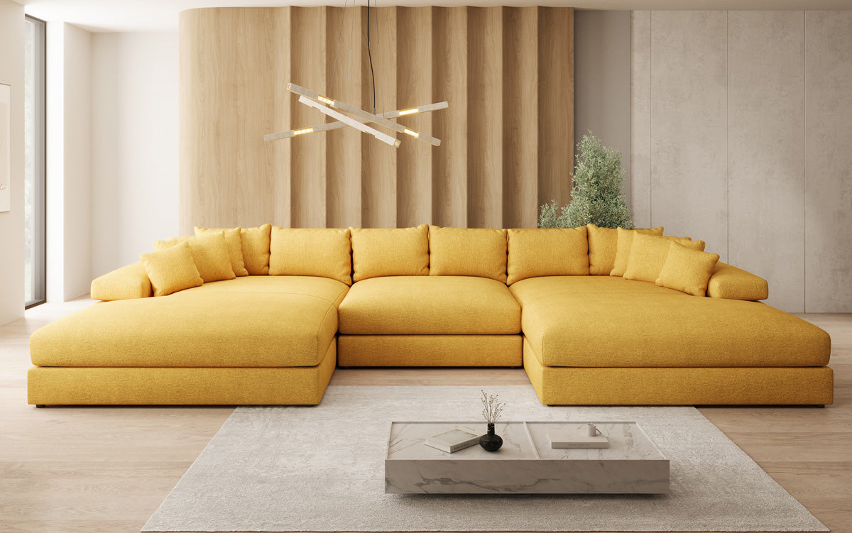 Designer Sofa Bernardo U mit breiter Ottomane in Strukturstoff