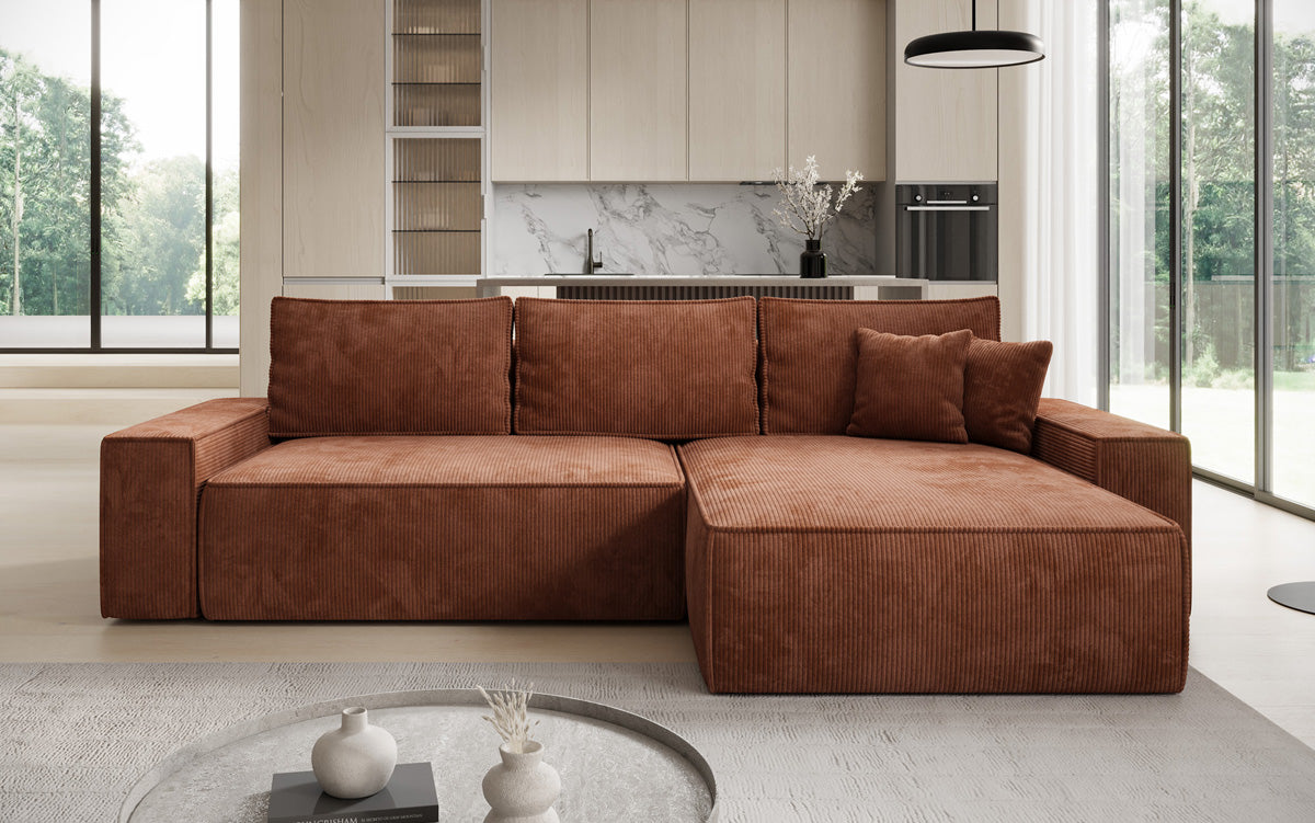 Designer corner sofa Lunaro with sleeping and fold-out function in Corduroy