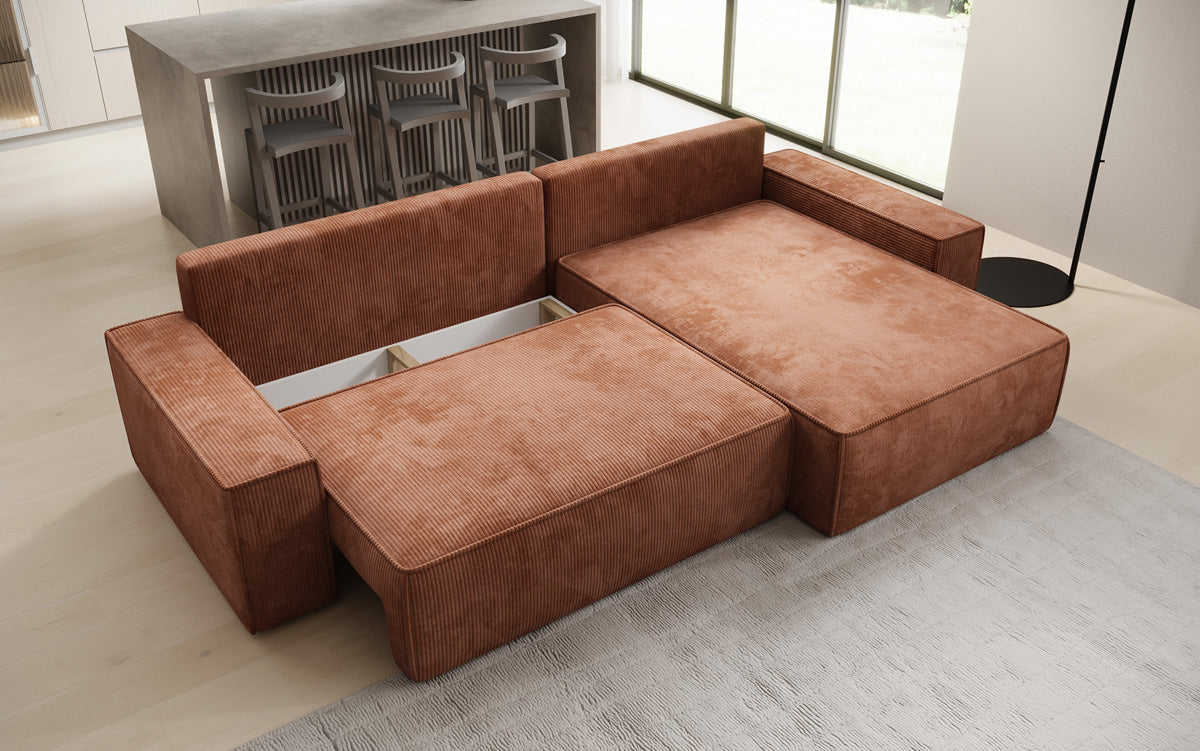 Designer corner sofa Lunaro with sleeping and fold-out function in Corduroy